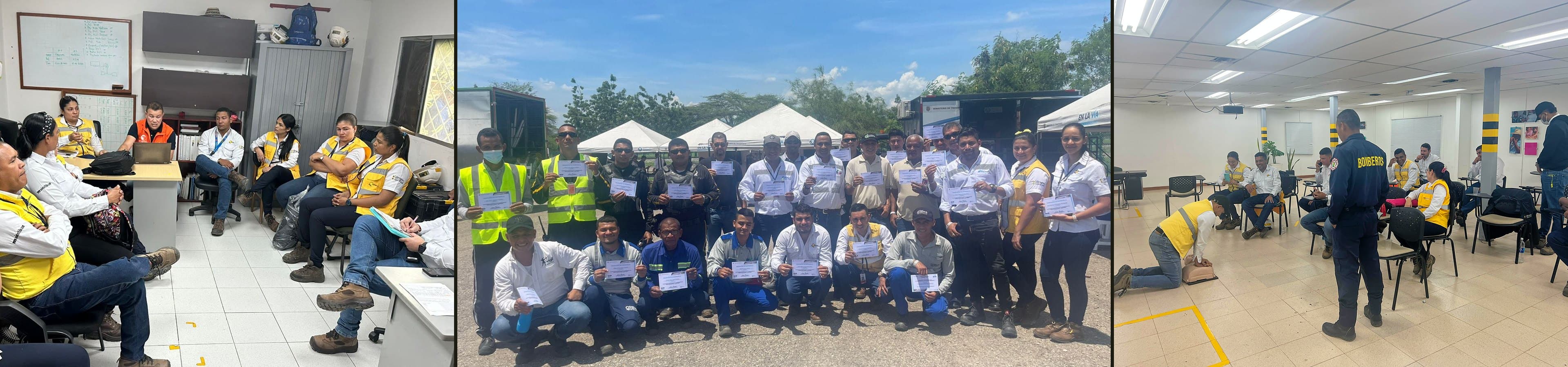 Capacitaciones de SOINTER LTDA: reunión de equipo, entrega de certificados en jornada de seguridad vial y práctica de primeros auxilios